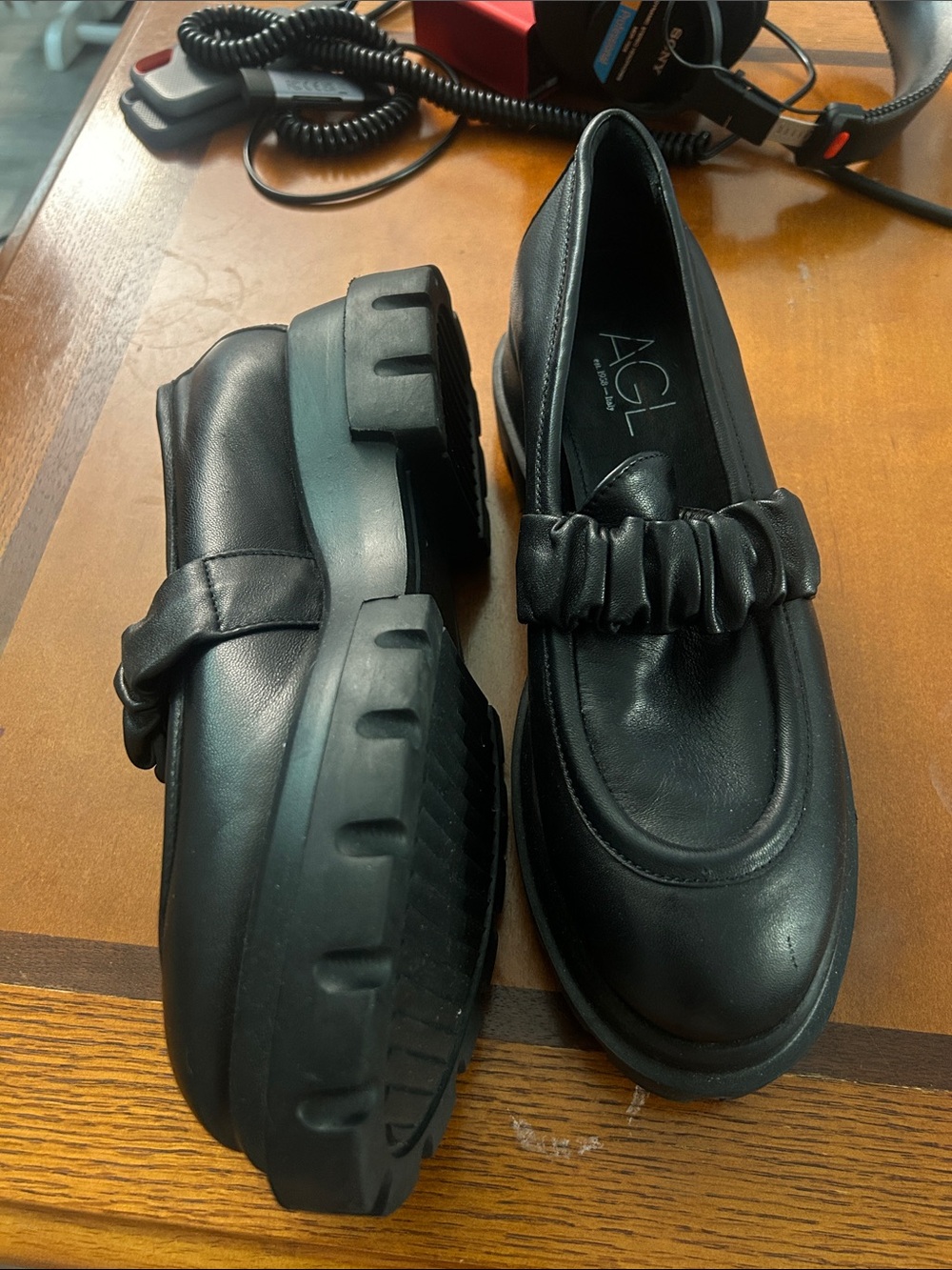 AGL Black Ruched Leather Loafers